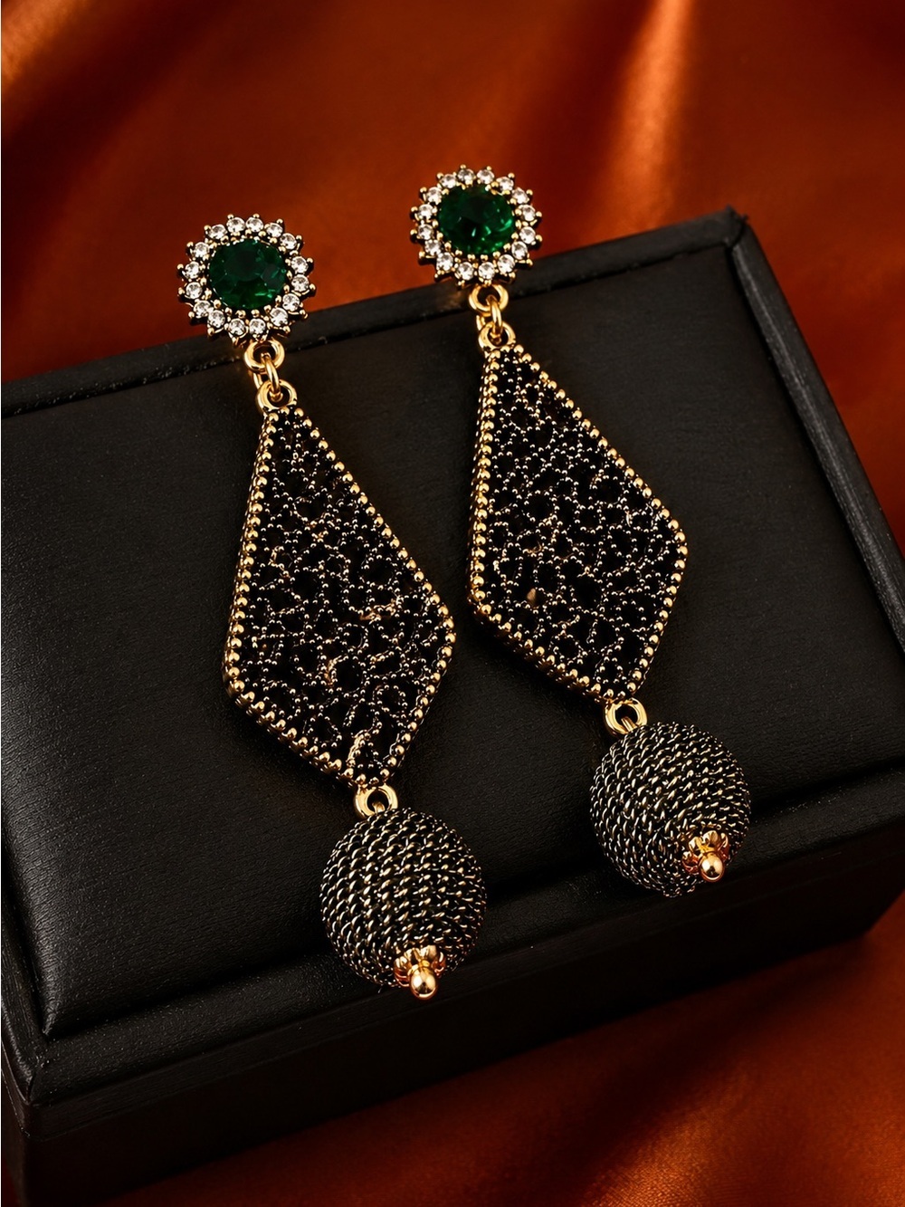 Gold color Filigree Drop Earrings with Deep Green Accents - Picture 5 of 6